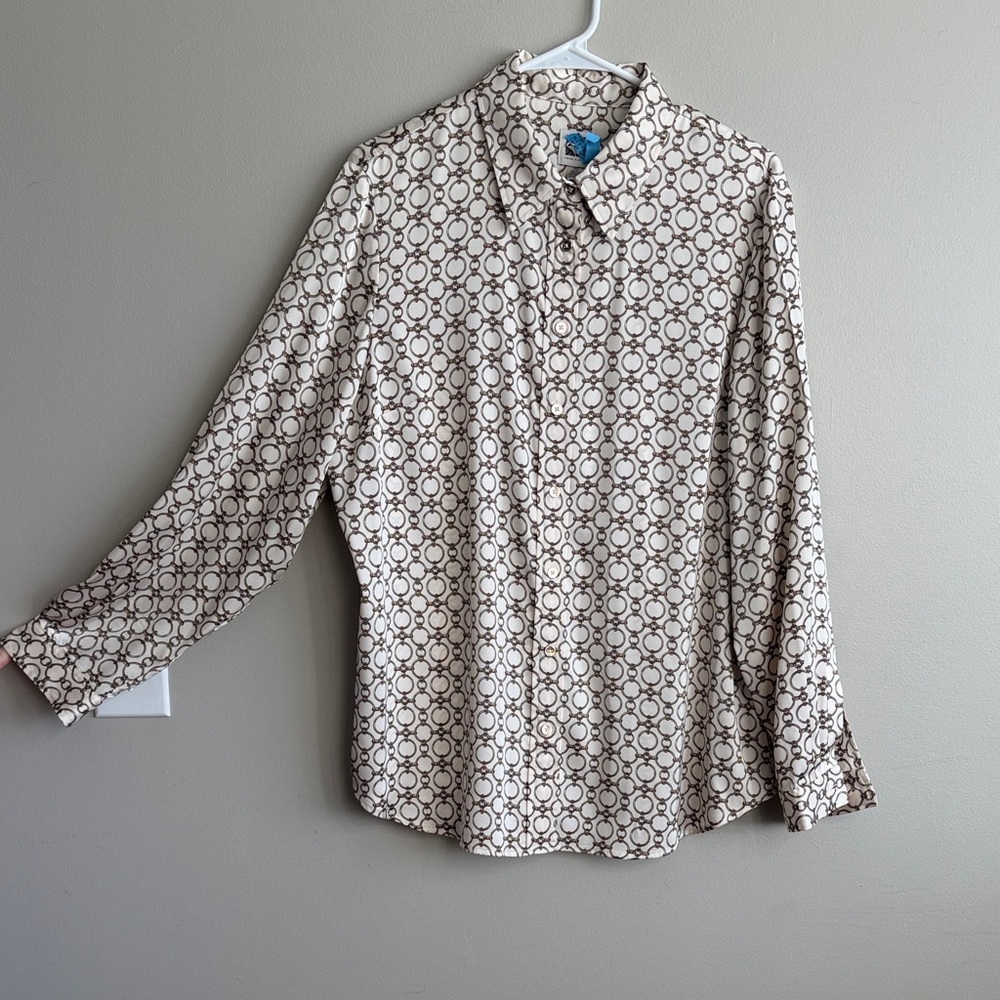 Anne Klein Cream and Brown Geometric Button-Down Shirt